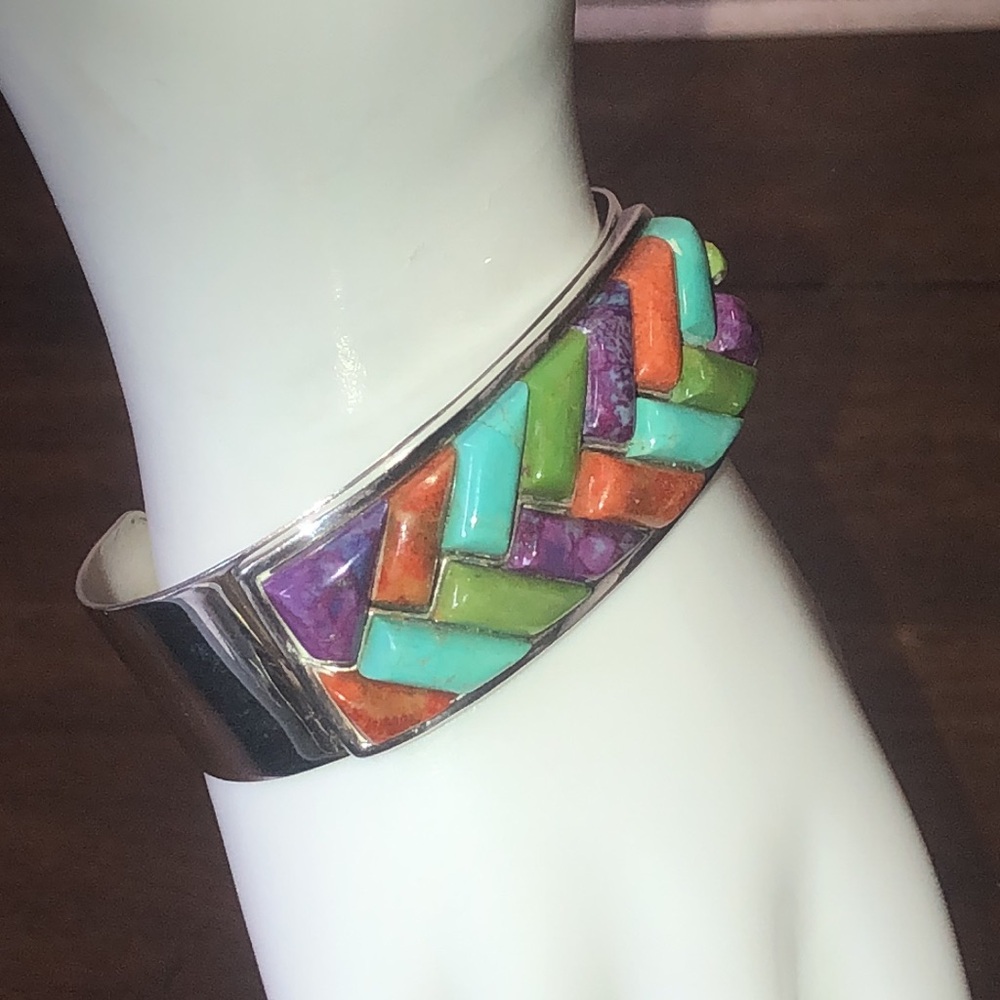 JAY KING Turquoise Coral Green Turquoise Sterling Silver Braided Gem Stone Cuff - Picture 8 of 17